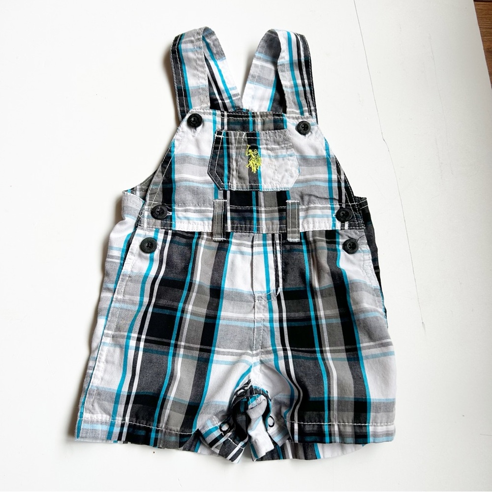 U.S. Polo Assn. Black and Blue Plaid Kids Overall Shorts Size 6/9 months